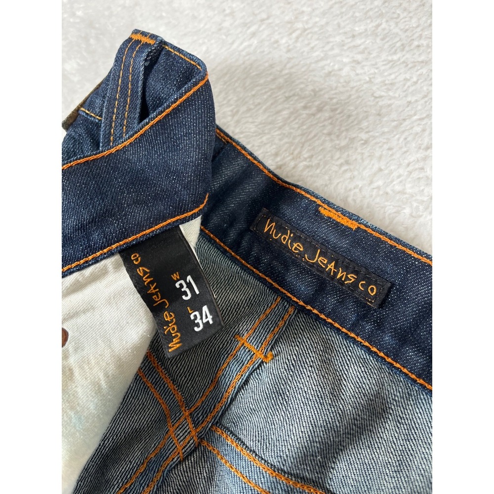 Nudie Jeans Co Grim Tim Org White Knee Slim Straight Dark Wash 31x34 (32x34) - Picture 4 of 9